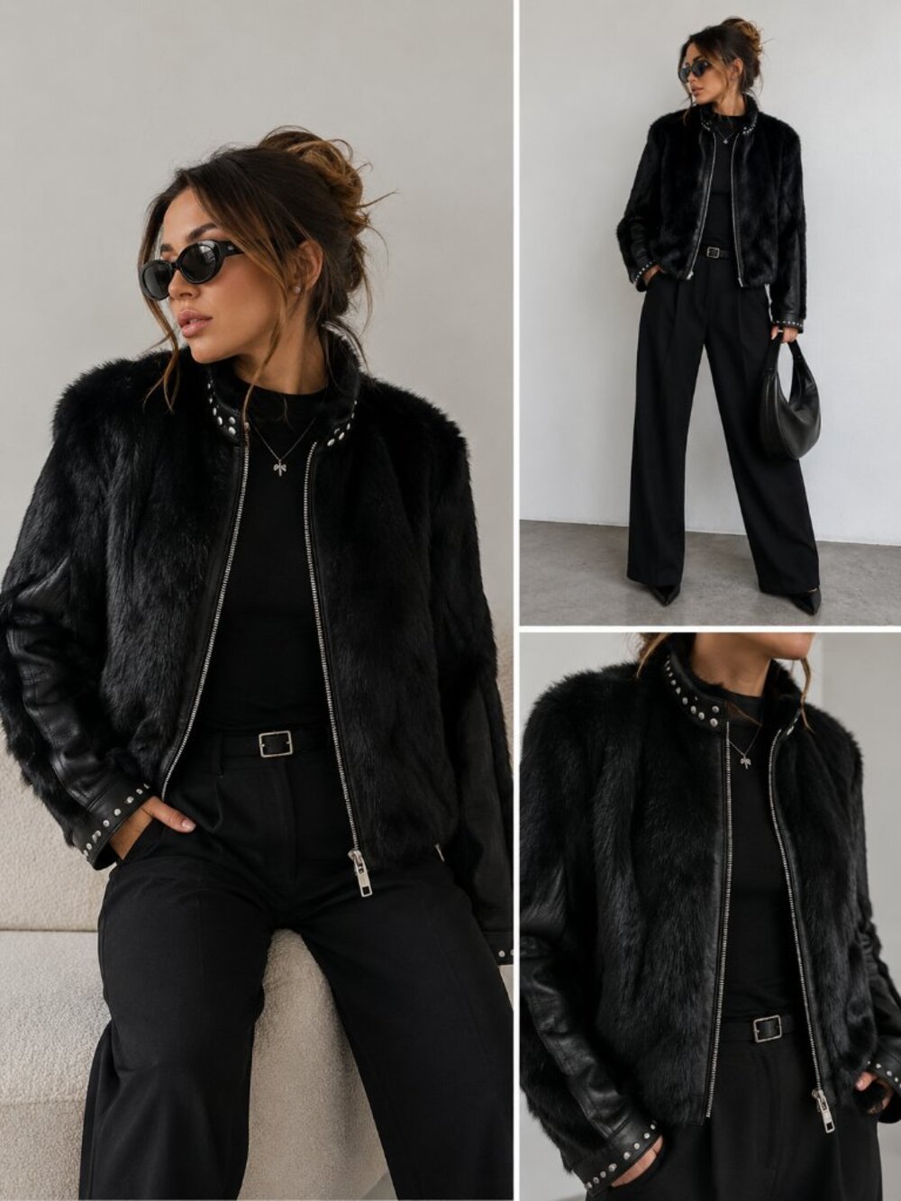 Ashley Stewart Genuine Rabbit Fur Leather Studded Moto Jacket Black Plus Size 2X